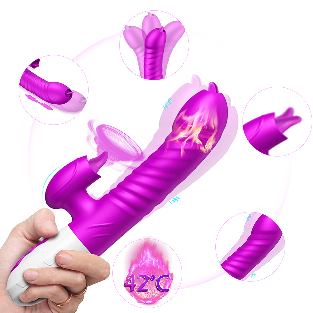 bequeme sexy unterwäsche 23cm Vibrator Rabbit stoßend mit Zunge G Punkt Klitoris Beheizt 2 Motoren