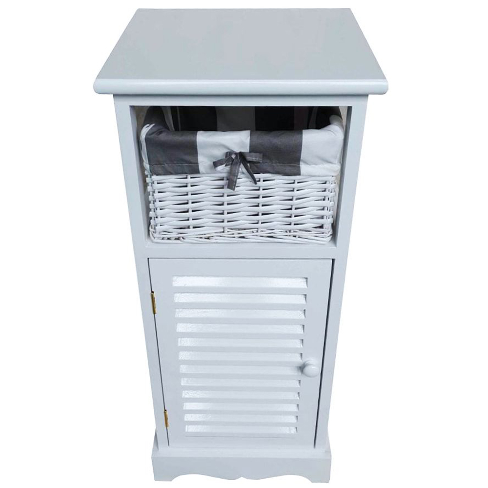 Schränkchen, Holz, weiß, mit Tür und Weidenkörbchen, LBH:31x29x72cm