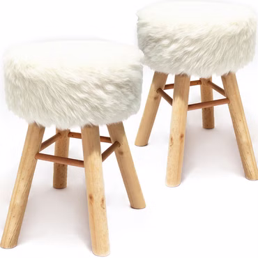 2x Runder XXL Sitzhocker aus Holz mit Polsterung und Bezug aus Kunstfell – Barhocker 70 cm hoch Durchmesser 33 cm