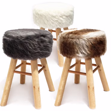 2x Runder XXL Sitzhocker aus Holz mit Polsterung und Bezug aus Kunstfell – Barhocker 70 cm hoch Durchmesser 33 cm