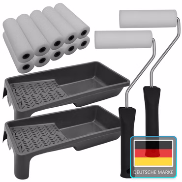 Lackier Set Essential: 2x Farbroller Bügel 2 x Farbwanne 10x Schaumwalzen
