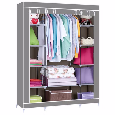Kleiderschrank FlexStorage - Faltbar, Tragbar, Stabil, Rostfrei - Komfort Faltschrank - Stoffschrank mit Kleiderstange, Farbe: Grau, Größe: 175 x 150 x 45 cm