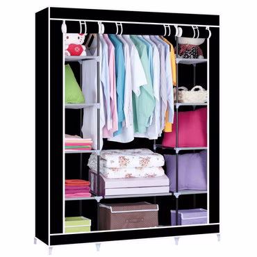 Kleiderschrank FlexStorage - Faltbar, Tragbar, Stabil, Rostfrei - Komfort Faltschrank - Stoffschrank mit Kleiderstange, Farbe: Schwarz, Größe: 175 x 150 x 45 cm
