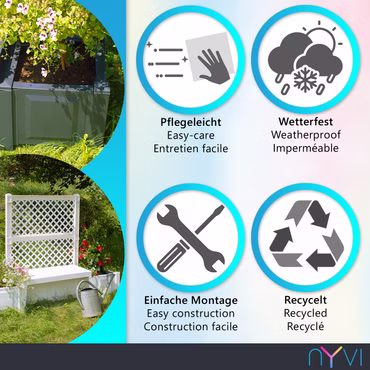 Gartenbank NYVIGreen 2-Sitzer 174x49x139 cm mit Pflanzkästen & Spalier - Sitzbank aus wetterfestem & recyceltem Kunststoff, Farbe: Weiß