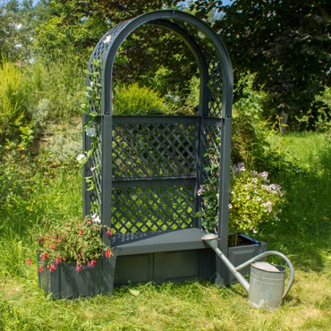 Gartenbank NYVIGreen 2-Sitzer 174x49x207 cm mit Pflanzkästen & Rosenbogen & Spalier - Sitzbank aus wetterfestem & recyceltem Kunststoff, Farbe: Anthrazit