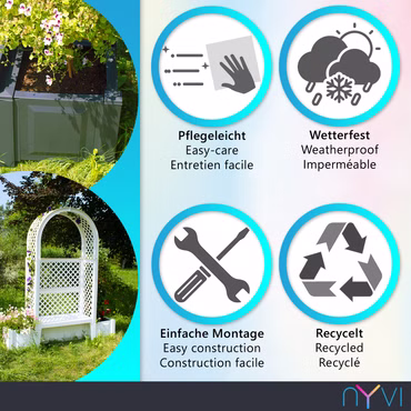 Gartenbank NYVIGreen 2-Sitzer 174x49x207 cm mit Pflanzkästen & Rosenbogen & Spalier - Sitzbank aus wetterfestem & recyceltem Kunststoff, Farbe: Anthrazit
