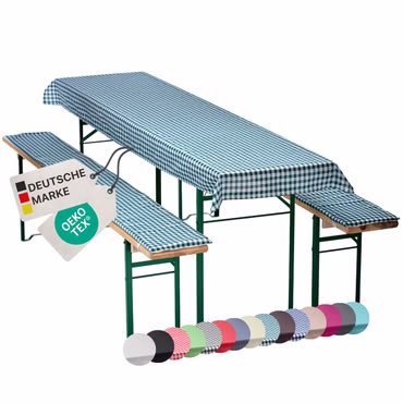 Bierbankauflagen Set NYVIGala 3 teilig - Auflagen für Bierzeltgarnitur - Tischdecke für Biertisch & Sitzpolster für Bierbänke, Farbe: Grün Kariert, Größe: 240x70 cm