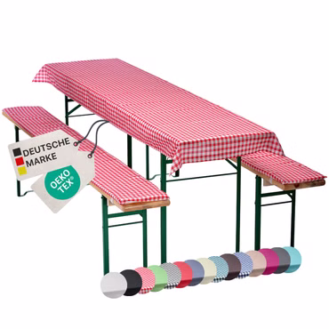 Bierbankauflagen Set NYVIGala 3 teilig - Auflagen für Bierzeltgarnitur - Tischdecke für Biertisch & Sitzpolster für Bierbänke, Farbe: Rot Kariert, Größe: 240x70 cm