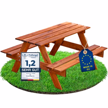 ITA Kindersitzgarnitur aus Holz - Kinder Picknicktisch mit 2 Bänken - Kinder Sitzgruppe für Indoor & Outdoor, Farbe: Braun