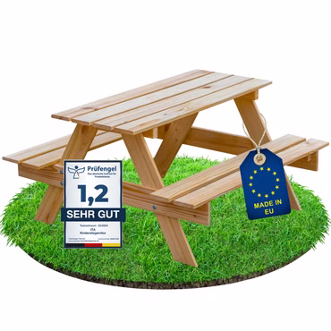 ITA Kindersitzgarnitur aus Holz - Kinder Picknicktisch mit 2 Bänken - Kinder Sitzgruppe für Indoor & Outdoor, Farbe: Natur