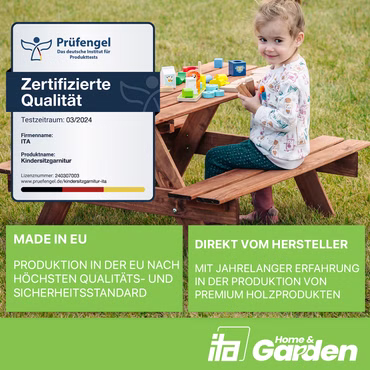 ITA Kindersitzgarnitur aus Holz - Kinder Picknicktisch mit 2 Bänken - Kinder Sitzgruppe für Indoor & Outdoor, Farbe: Braun