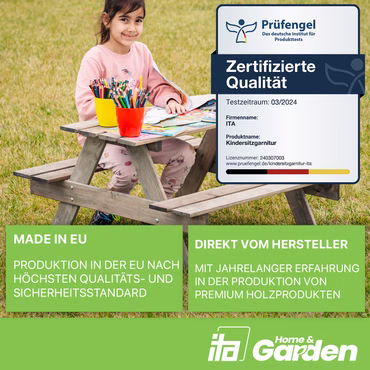 ITA Kindersitzgarnitur aus Holz - Kinder Picknicktisch mit 2 Bänken - Kinder Sitzgruppe für Indoor & Outdoor, Farbe: Grau