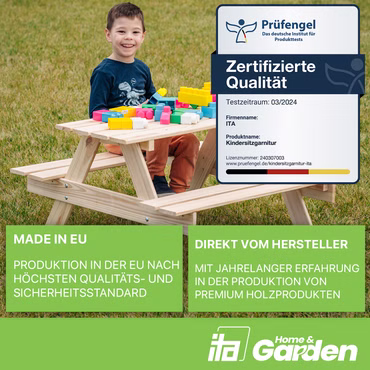 ITA Kindersitzgarnitur aus Holz - Kinder Picknicktisch mit 2 Bänken - Kinder Sitzgruppe für Indoor & Outdoor, Farbe: Natur