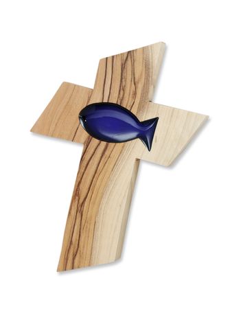 Holzkreuz Olivenholz Fisch blau 13 cm