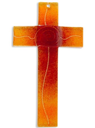 Glaskreuz Spirale orange 20 cm Wandkreuz