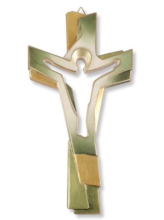 Holzkreuz Christus geschnitzt grün gold bemalt 22 cm