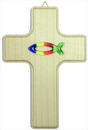 Kinderkreuz Fisch Kommunion Holz Glas bunt 16 cm 