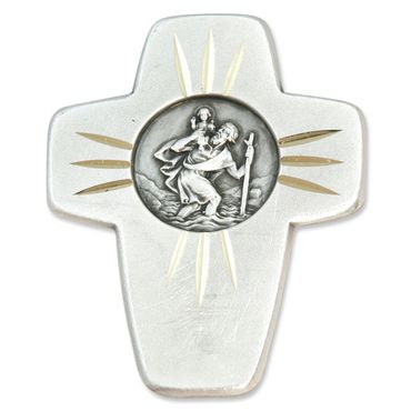 Christophorus Autoplakette Kreuz Metall 4,5 cm Magnet/Klebepad Schutzpatron