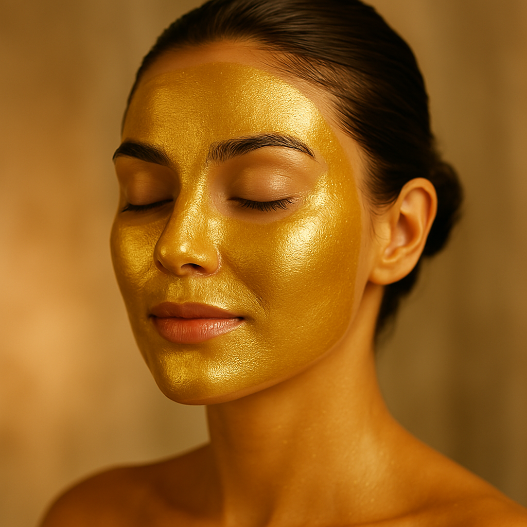 Frau mit goldfarbener Gesichtsmaske und entspanntem Gesichtsausdruck.
