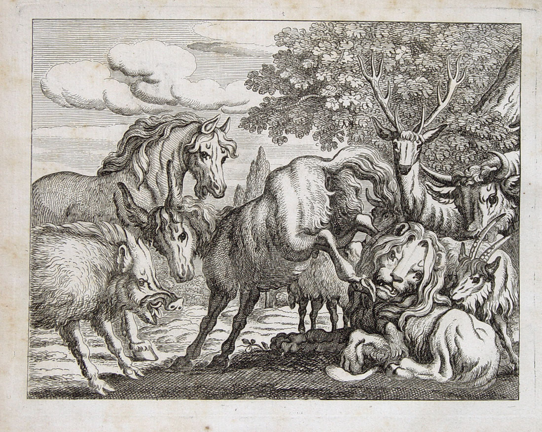 Kupferstich Francis Barlow Aesop Fabel Alter Lion Löwe Esel Pferd Wildschwein Ziege Goat Horse Donkey