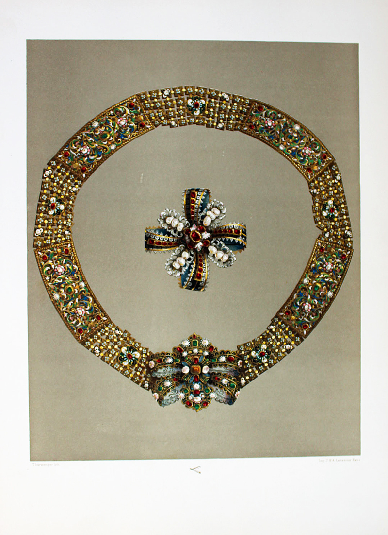 Gravure Juwelier Gold-Schmied Schmuck Kette Colliers Brosche Perlen Rubin Smaragd Diamant Schleife