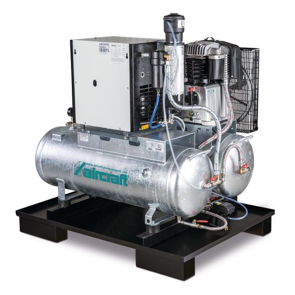 Stationärer Kolbenkompressor mit 2x 100 Liter-Druckluftbehältern, Kältetrockner, Feinfilter, Kondensatableiter- und aufbereiter Aircraft AIRPROFI DUO