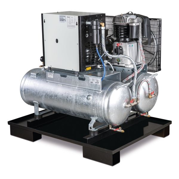 Stationärer Kolbenkompressor mit 2x 100 Liter-Druckluftbehältern und Kältetrockner Aircraft AIRPROFI DUO 853/2x100/10 K