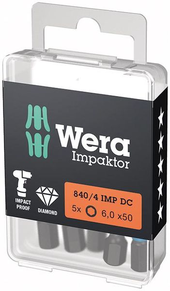 Bit Impaktor 1/4" DIN 3126 E6,3 Innensechskant 6x50mm 5er Pack Wera