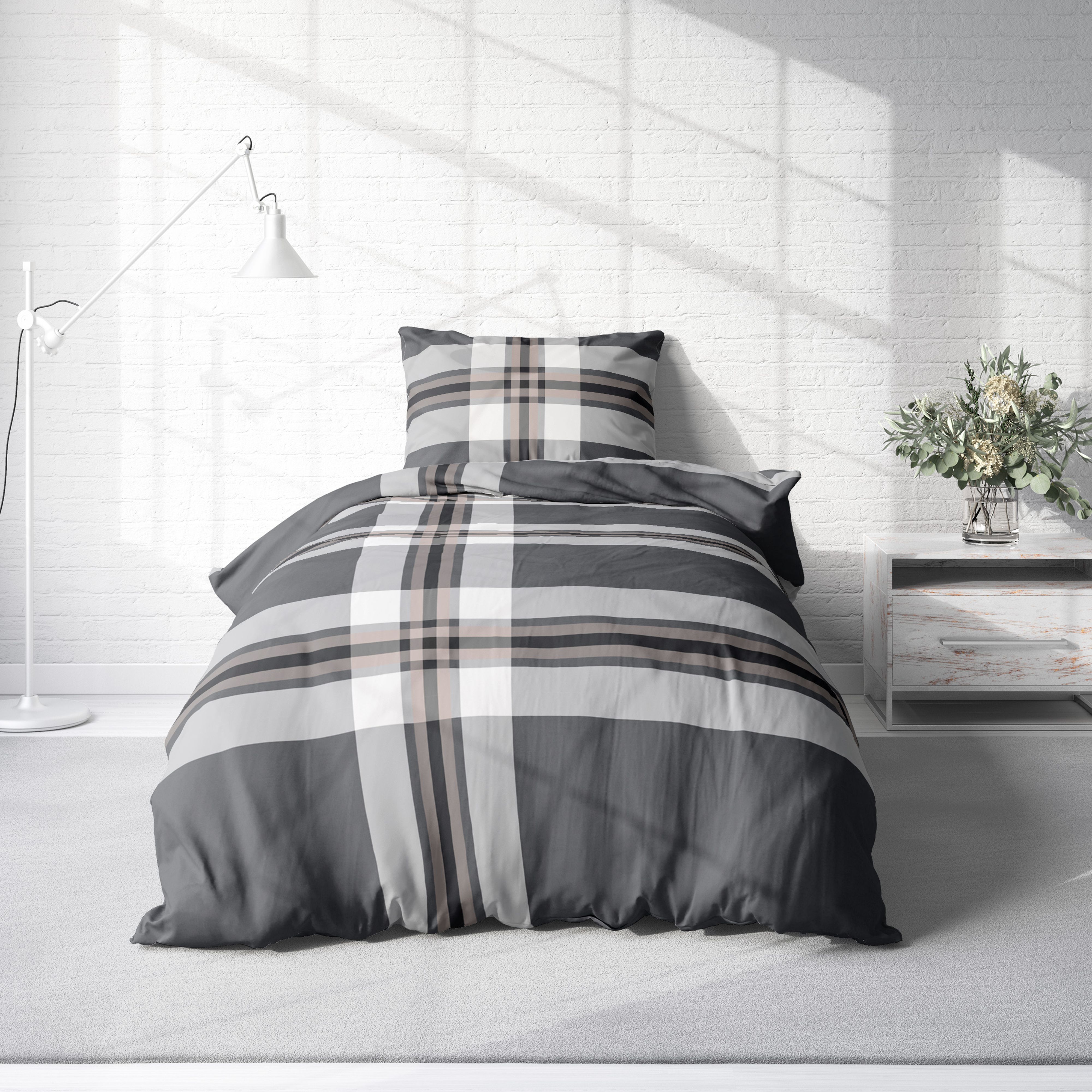 Biber Bettwäsche 135x200 cm gestreift grau braun modern Winter Flanell Baumwolle Biber Bettwäsche 135x200 cm gestreift grau braun modern Winter Flanell Baumwolle