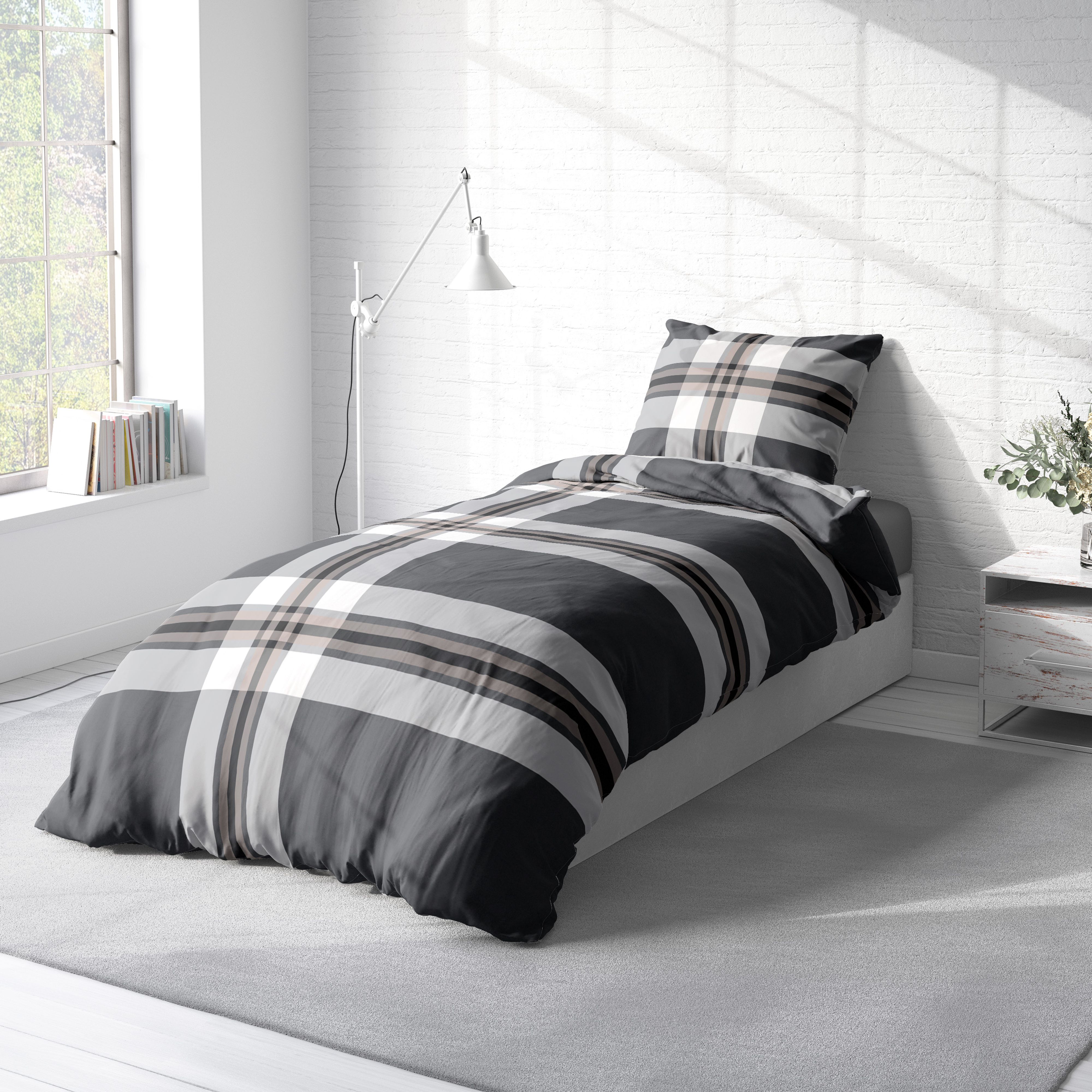 Biber Bettwäsche 135x200 cm gestreift grau braun modern Winter Flanell Baumwolle Biber Bettwäsche 135x200 cm gestreift grau braun modern Winter Flanell Baumwolle
