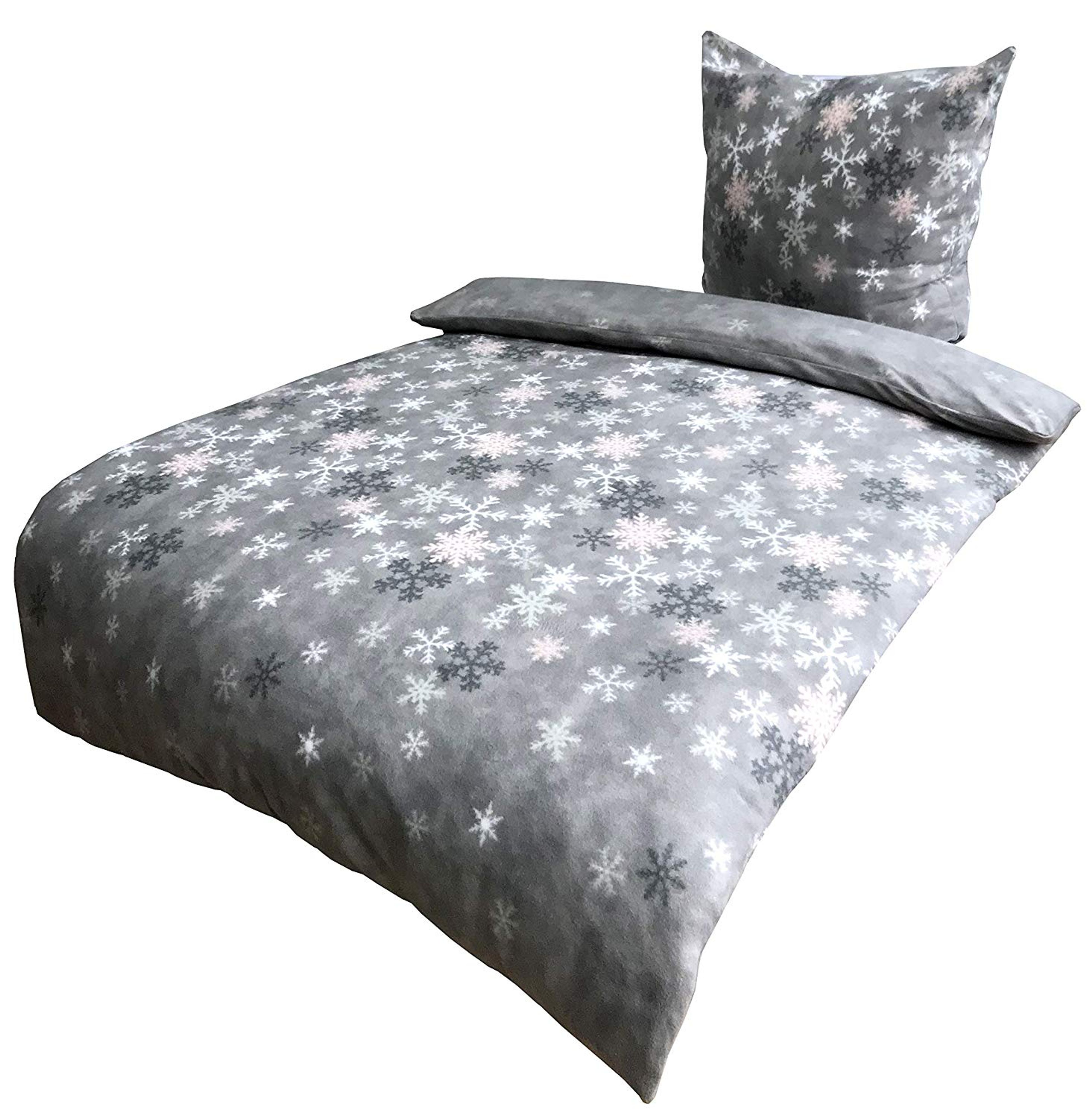 4 tlg Bettwäsche 155x220 cm Kristall Schnee grau weiß Thermofleece