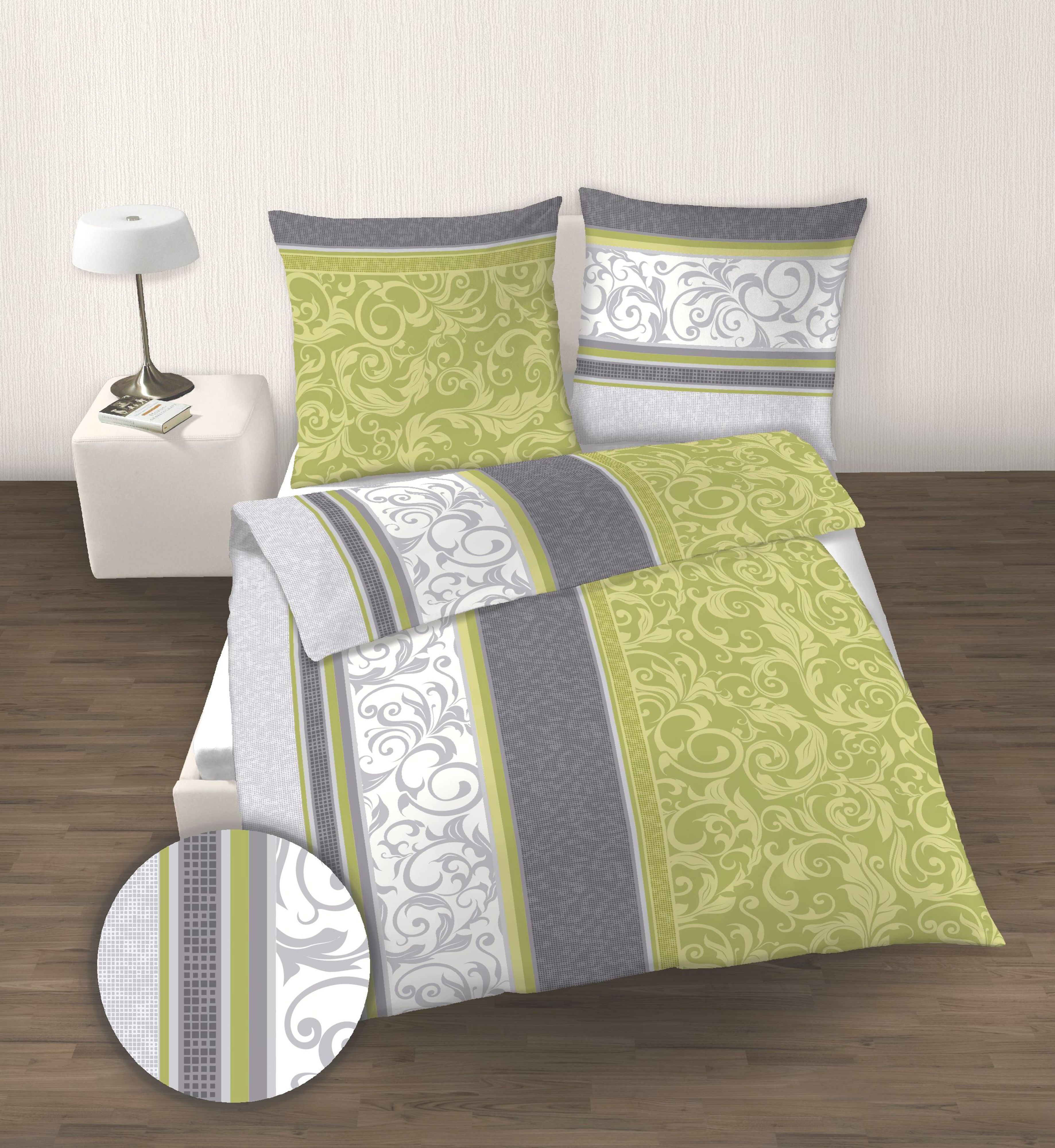 4 tlg Bettwäsche 155x220 cm Blumen dunkelgrün grau Fein Biber Baumwolle