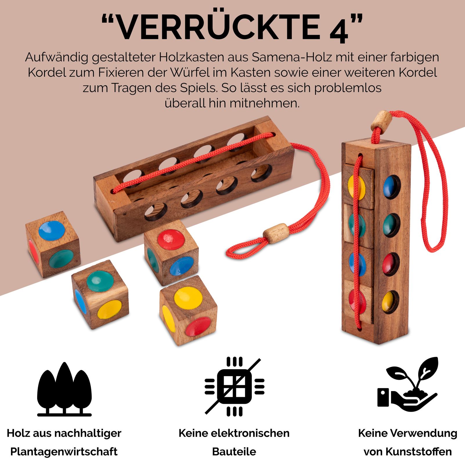 The Crazy Four - brainteaser with 4 colored dice in a wooden