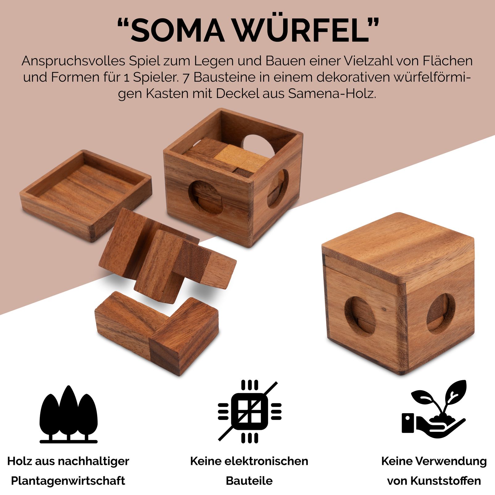 Soma cube size L - 9 cm edge length - 3D puzzle - puzzle game in wooden box  | plentyShop LTS