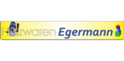 logo mit schriftzug erzgebirgische holzwaren egermann farbverlauf gelb blau kleines räuchermännchen symbol links und buntes symbol rechts auf hellem hintergrund