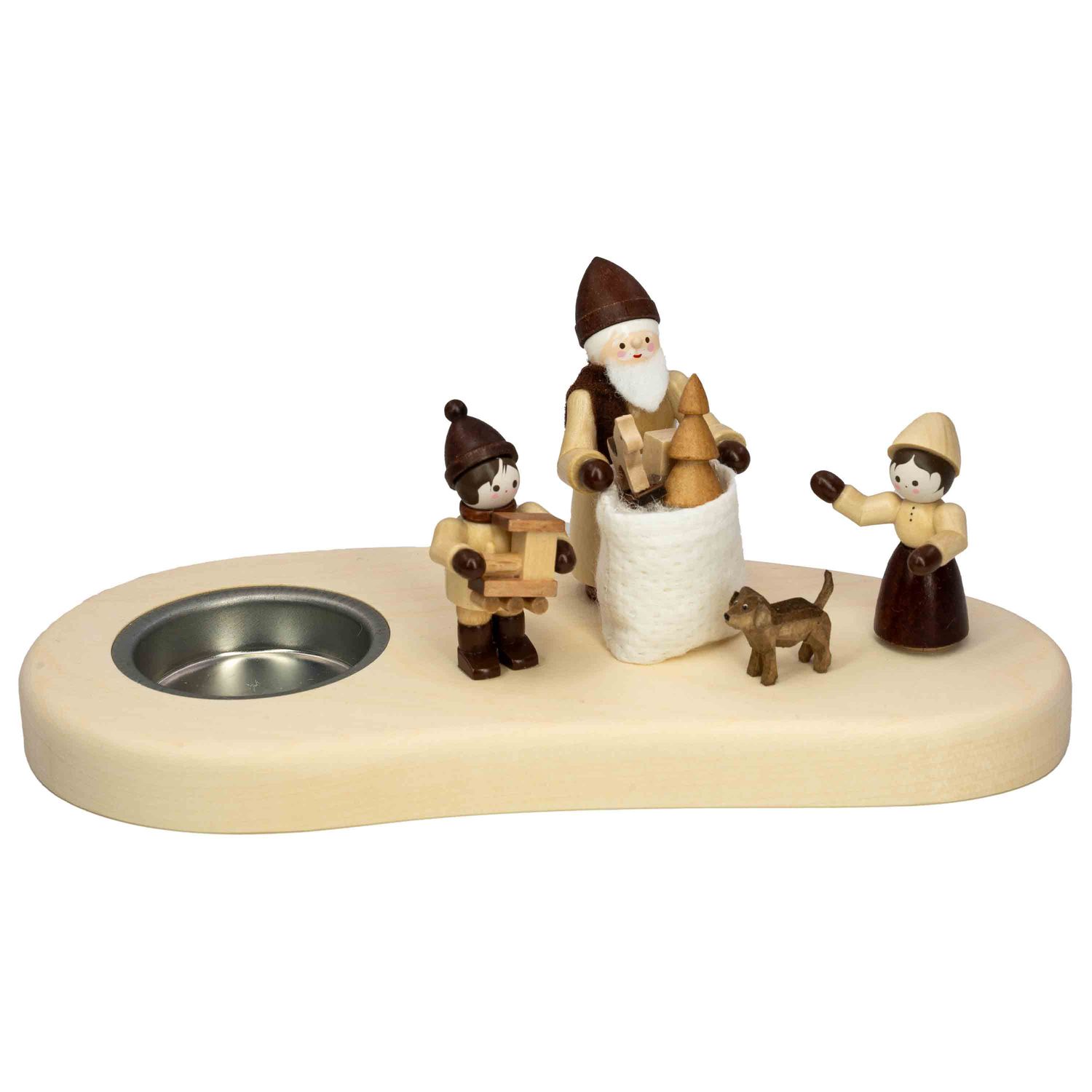 Ein moderner Teelichthalter aus Holz zeigt einen Weihnachtsmann mit Sack und zwei Kinder mit Geschenken sowie einen Hund