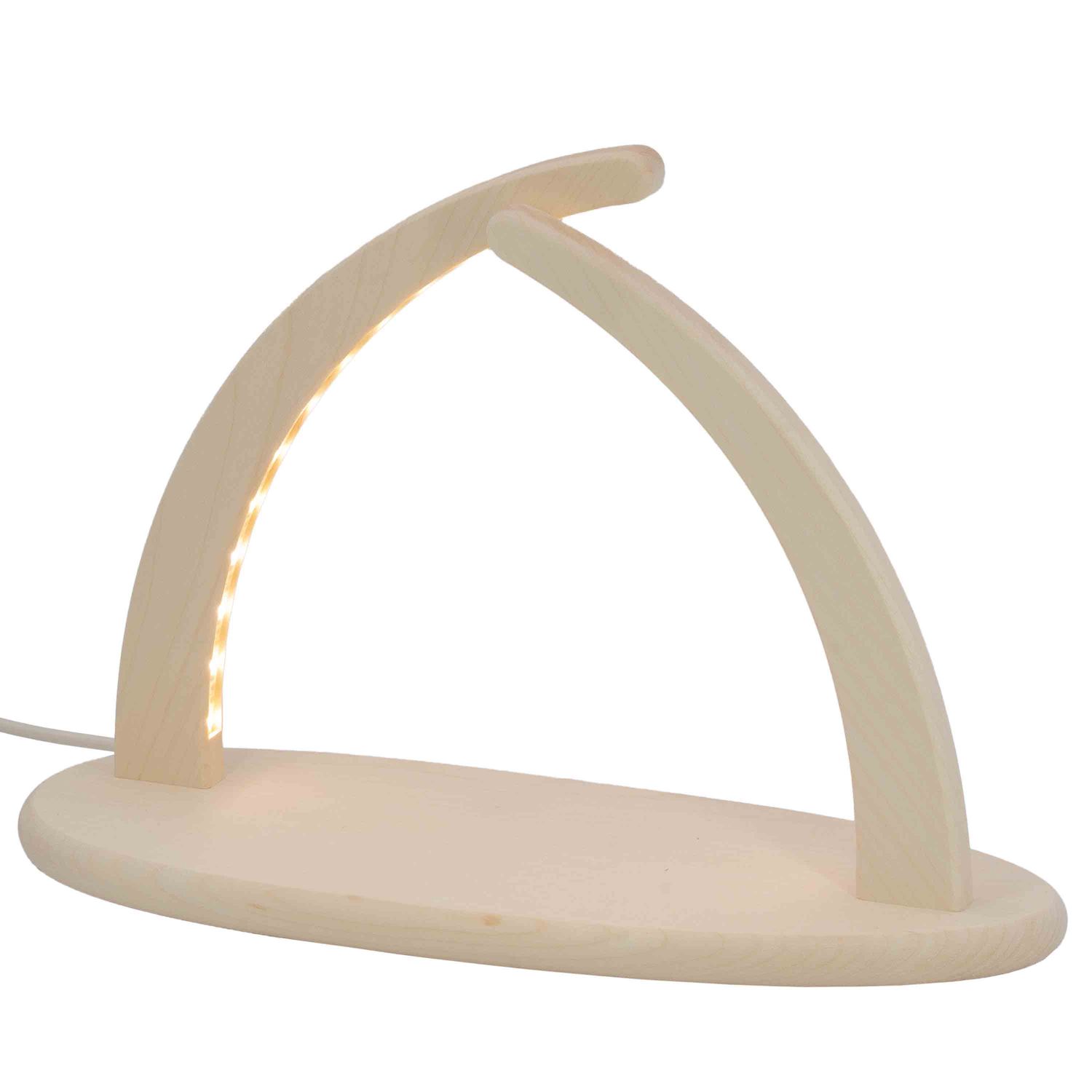 Ein moderner spitzer Lichterbogen mit einer ovalen Basis in minimalistischer Form ohne Bestückung und Details