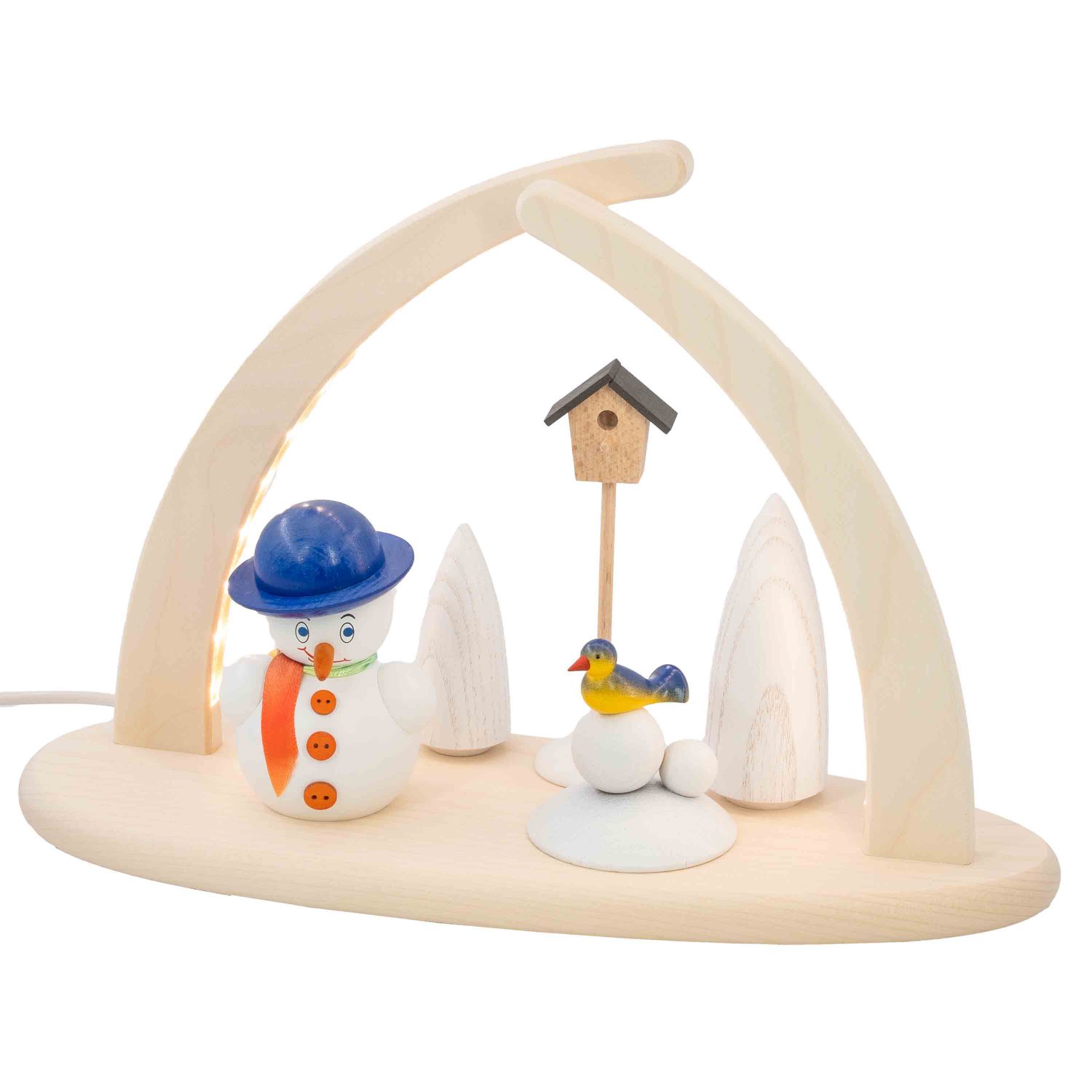 Ein dreieckiger Lichterbogen zeigt einen weißen Schneemann mit blauem Hut und orangem Schal neben einem kleinen bunten Vogel und einem Vogelhaus umgeben von weißen Bäumen