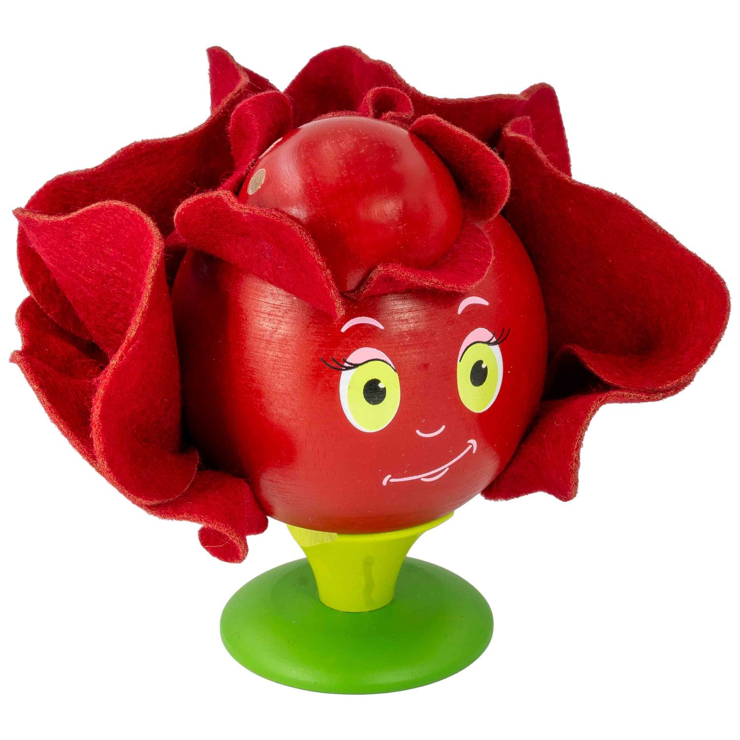 Rote Räucherfigur in Form einer Rose mit rundem Kopf und großen gelben Augen sowie lächelndem Gesicht auf grünem Sockel rote Stoffblütenblätter rahmen den Kopf ein weißer Hintergrund