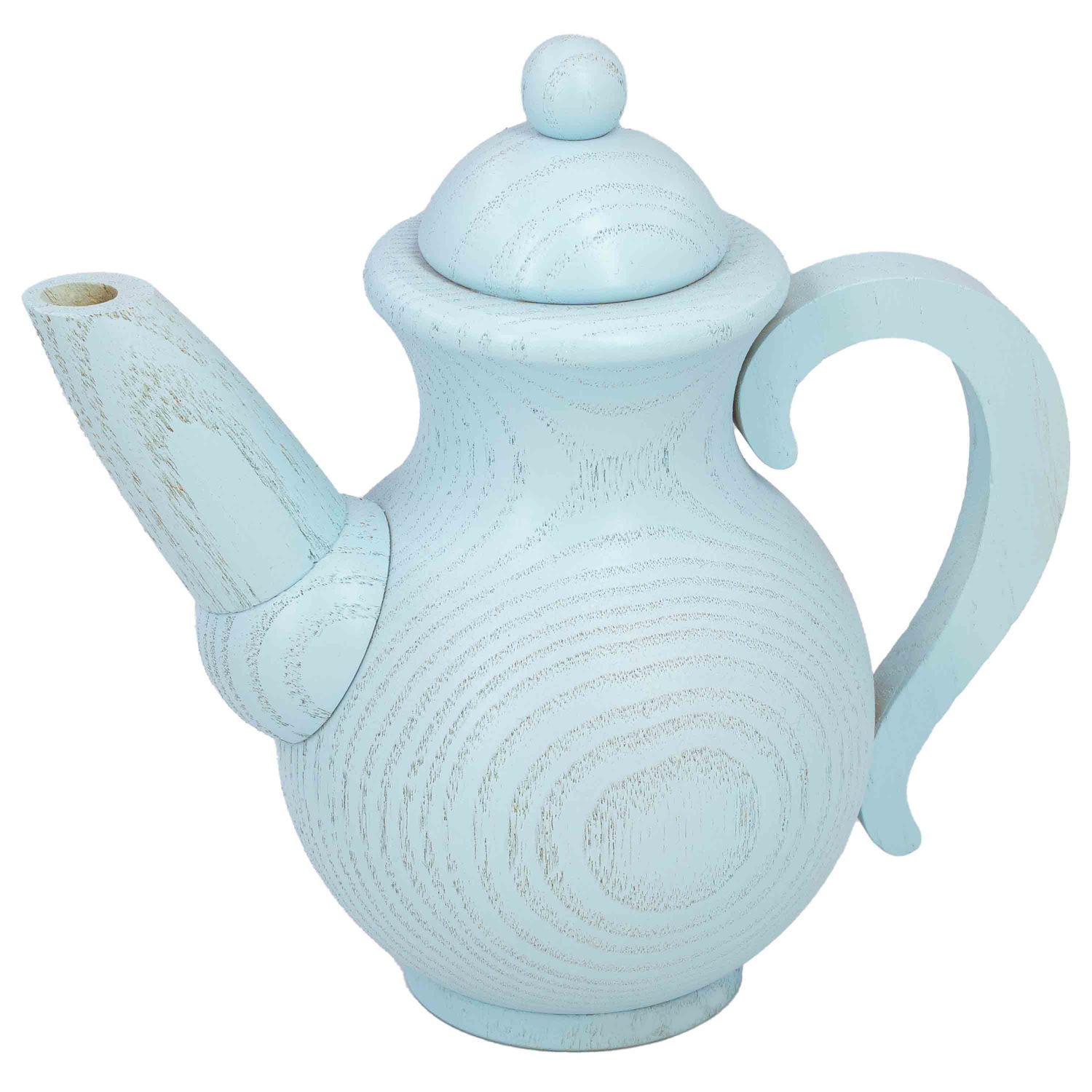 Eine hölzerne Kaffeekanne in hellblau mit leichter Holzmaserung