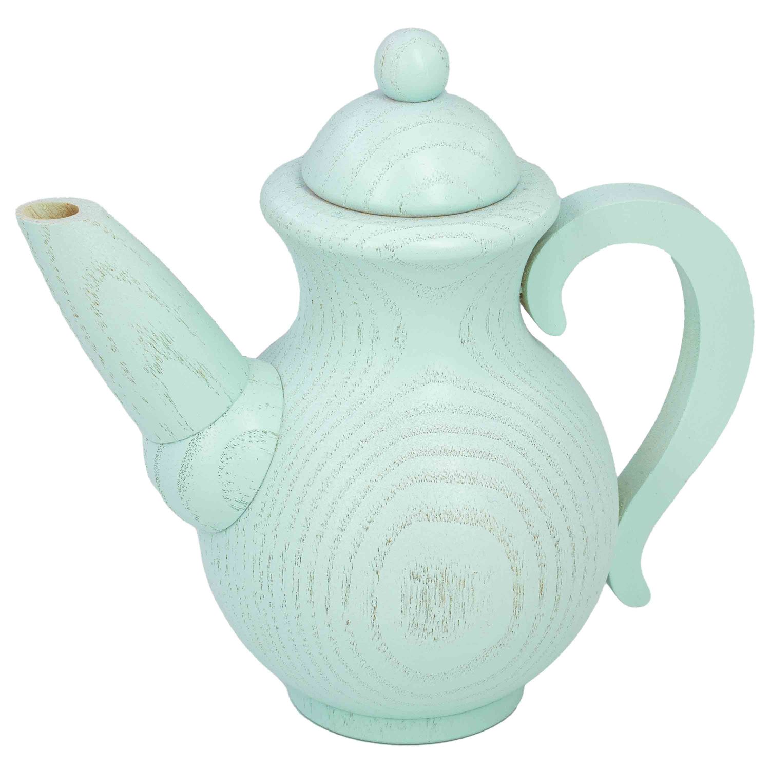 Eine hölzerne Kaffeekanne in hellem mintgrün mit leichter Holzmaserung