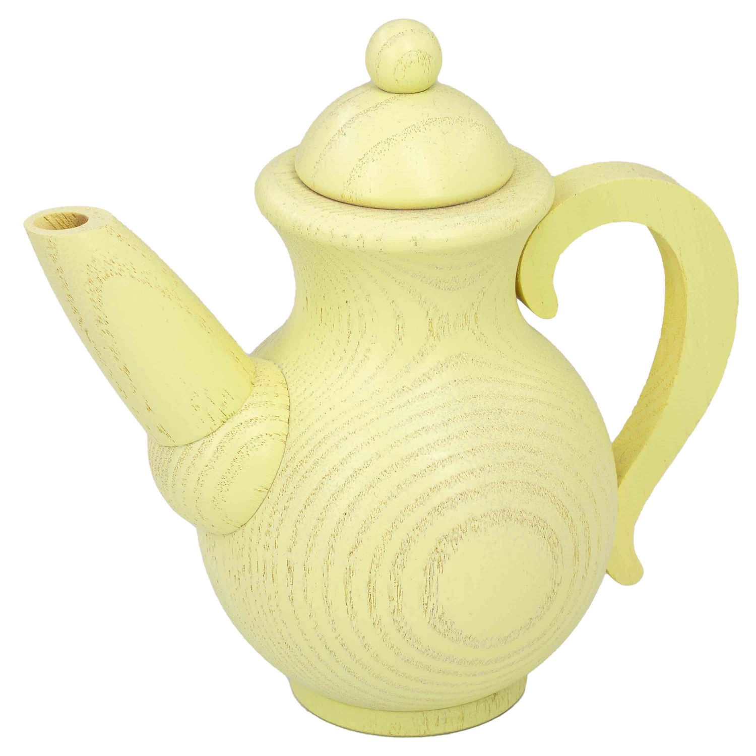 Eine hölzerne Kaffeekanne in hellem zitronengelb mit leichter Holzmaserung