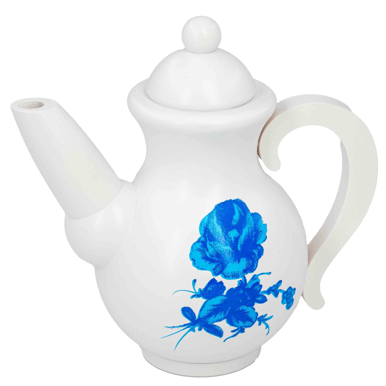 Eine hölzerne Kaffeekanne in weiß bemalt mit blauen Blumen