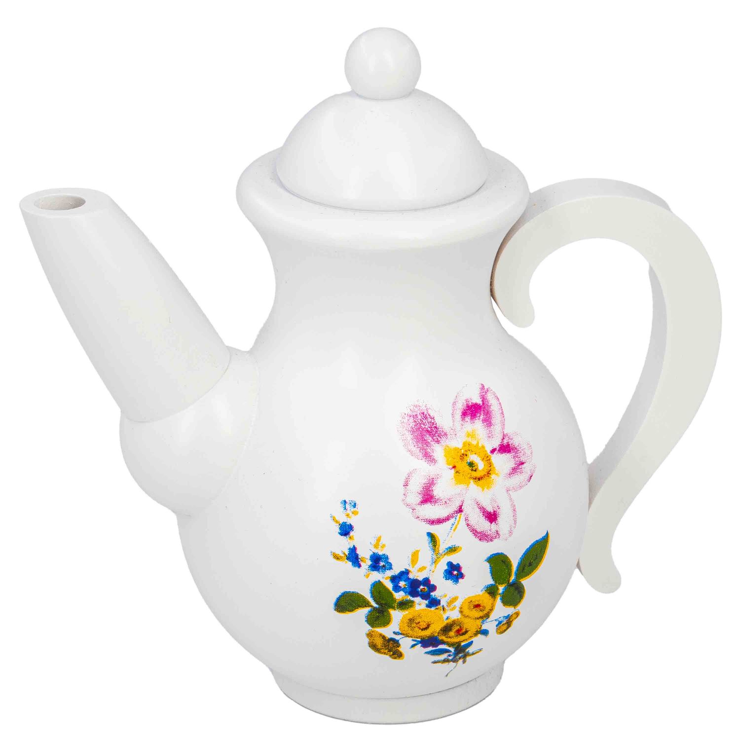 Eine hölzerne Kaffeekanne in weiß bemalt mit bunten Blumen