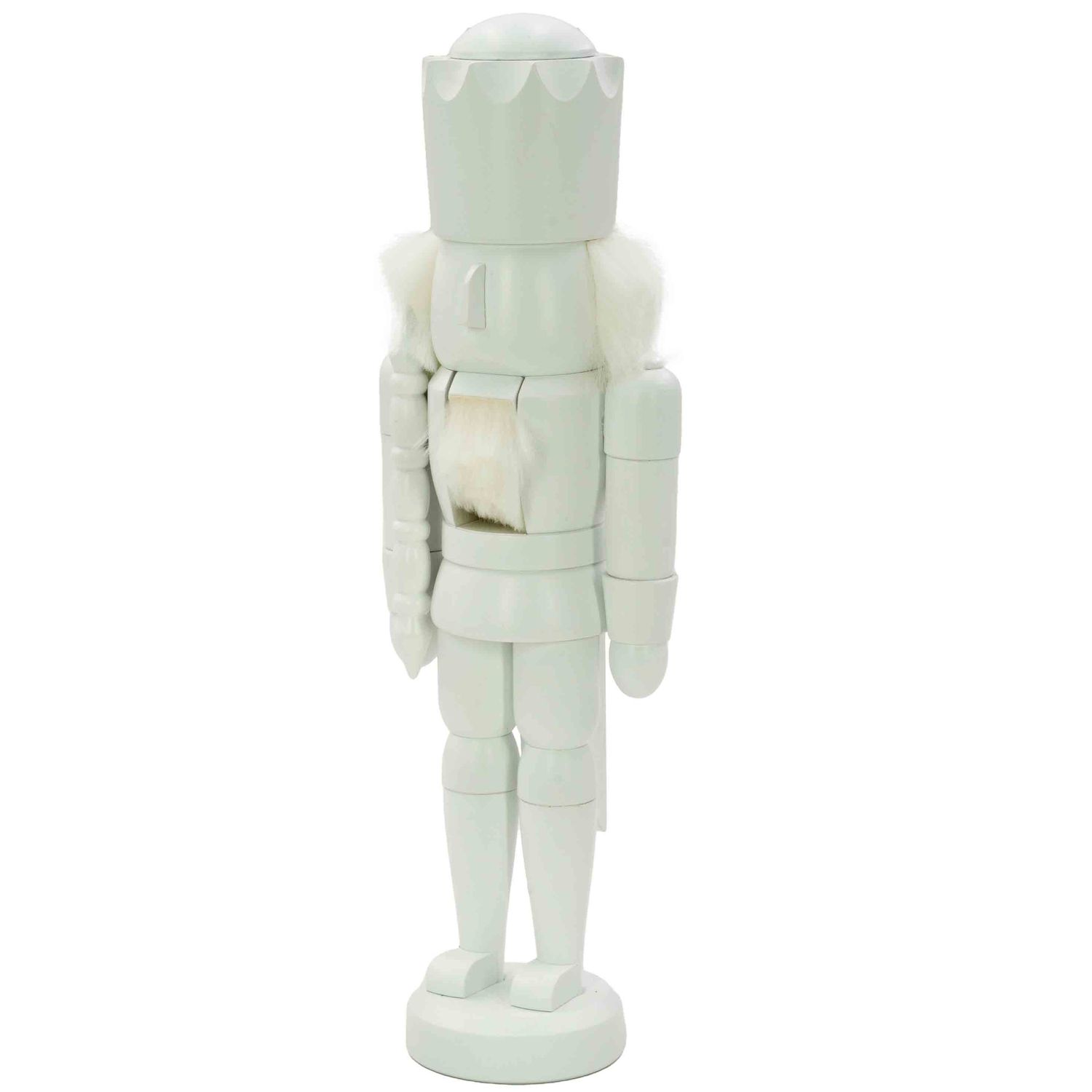 Ein minimalistischer weißer Nussknacker König mit Krone weißem Haar steht auf einem runden Sockel und hat ein weißes Gesicht ohne Augen