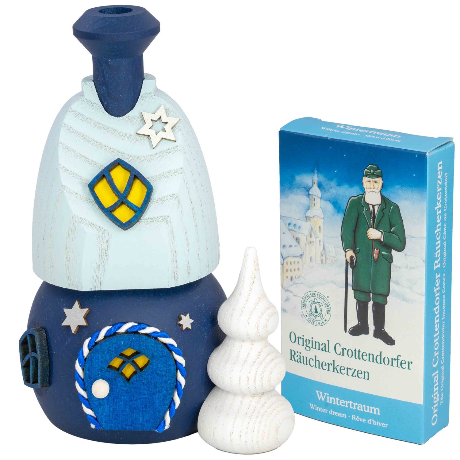 Räucherhaus Winternacht aus Holz Blautöne mit silbernen Sternen gelbem Fenster und weißem Baum daneben hellblaue Schachtel mit Räucherkerzen Wintertraum weißer HIntergrund