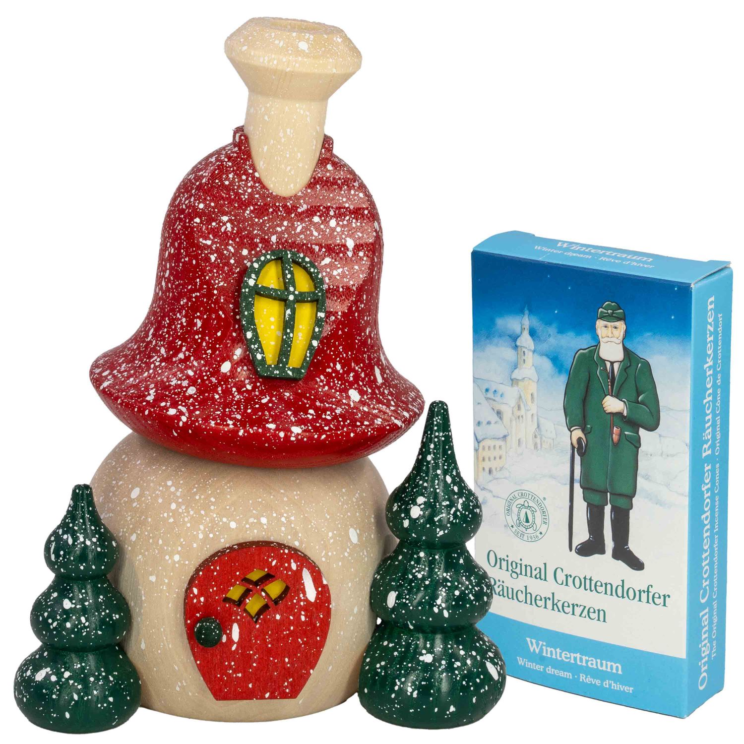 Räucherhaus Abendstille aus Holz rotes Dach mit Schnee gelbem Fenster und zwei dunkelgrünen Bäumen daneben hellblaue Schachtel mit Räucherkerzen Wintertraum weißer HIntergrund