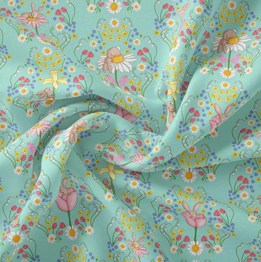 Belle & Boo Bio Baumwollstoff Damask mit Hasen und Blumen Belle & Boo Bio Baumwollstoff Damask mit Hasen und Blumen