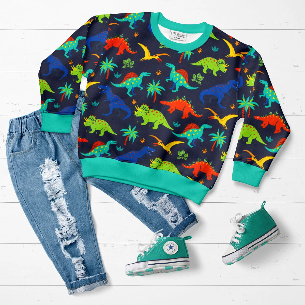 Bunter Pullover aus gemustertem Sweatstoff mit Dinos Bunter Pullover aus gemustertem Sweatstoff mit Dinos