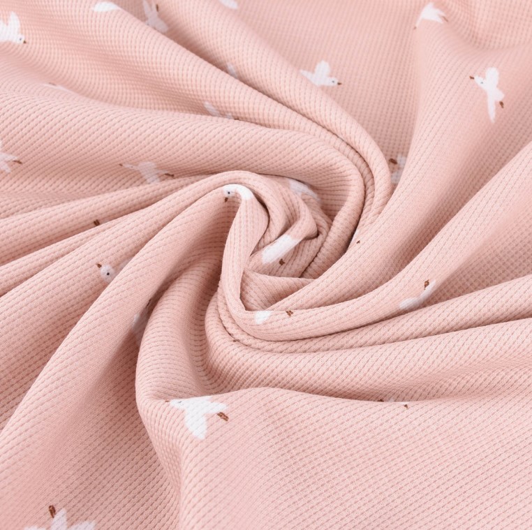 Waffel jersey stoff mit kleinen Vögeln rosa